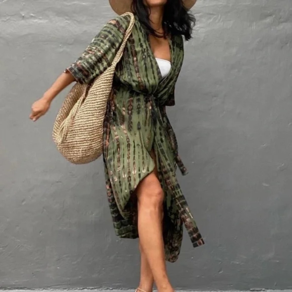 SOLD OUT Olive Green Tie Dye Boho Swim Coverup Kimono Robe - Picture 5 of 6